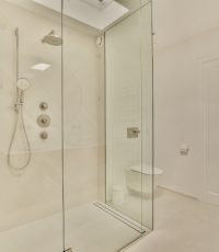 A bathroom with a glass shower door and a toilet